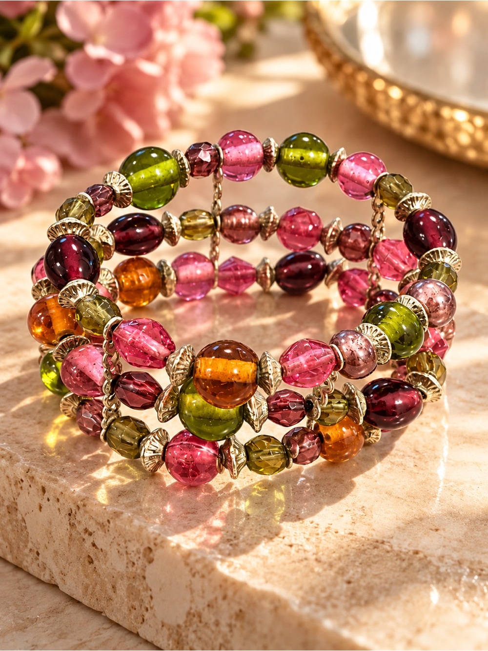 Vintage Multicolor Glass Beaded 3-Row Coil Wrap Bracelet Boho Statement Jewelry